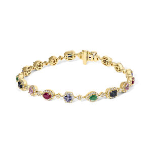 14K Yellow Gold Multi-Gemstone  and Diamond Halo Rainbow Link Bracelet